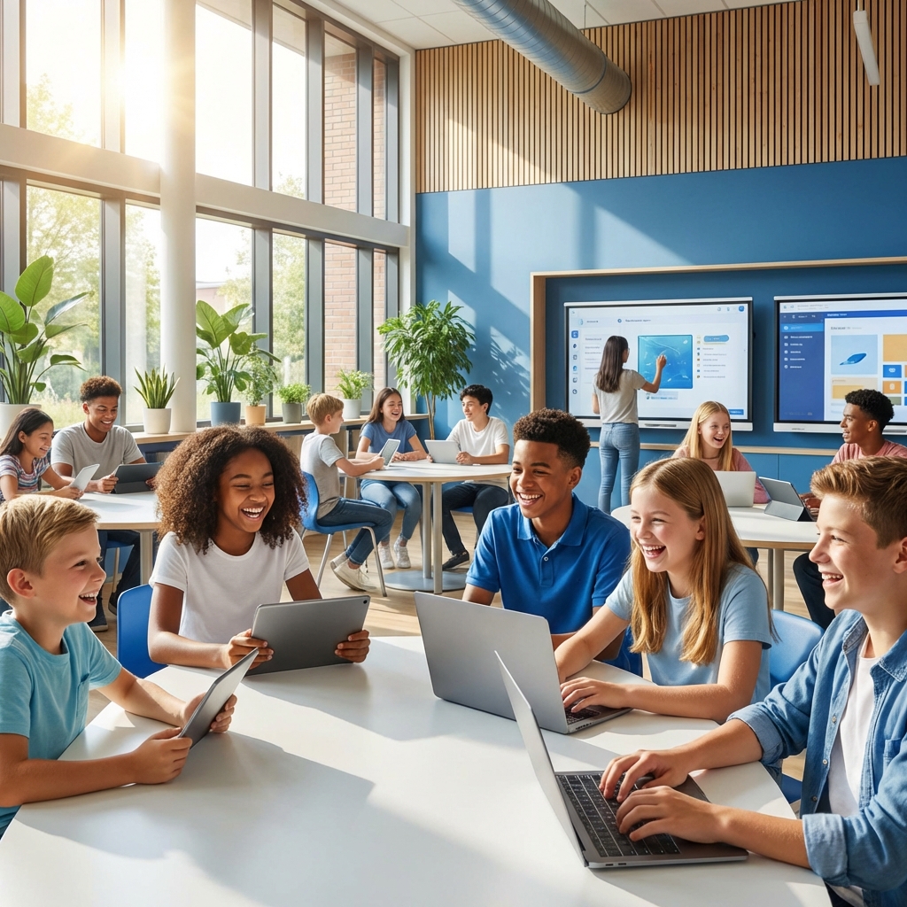 Students learning in a modern classroom
